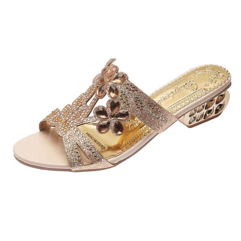 Damen nan verzierte Riemchensandalen mit mittelhohem geometrischem Blockabsatz und Kristallblumen EB