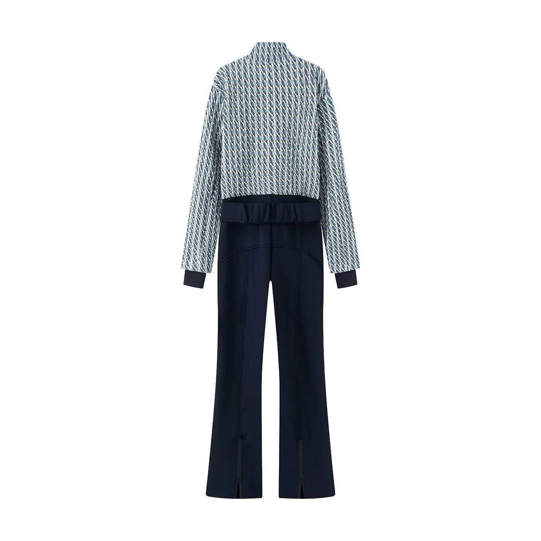Damen nan kurz geschnittenes Bouclé-Blouson-Set mit Stehkragen, verdecktem Reißverschluss und High-Waist Schlaghose EB