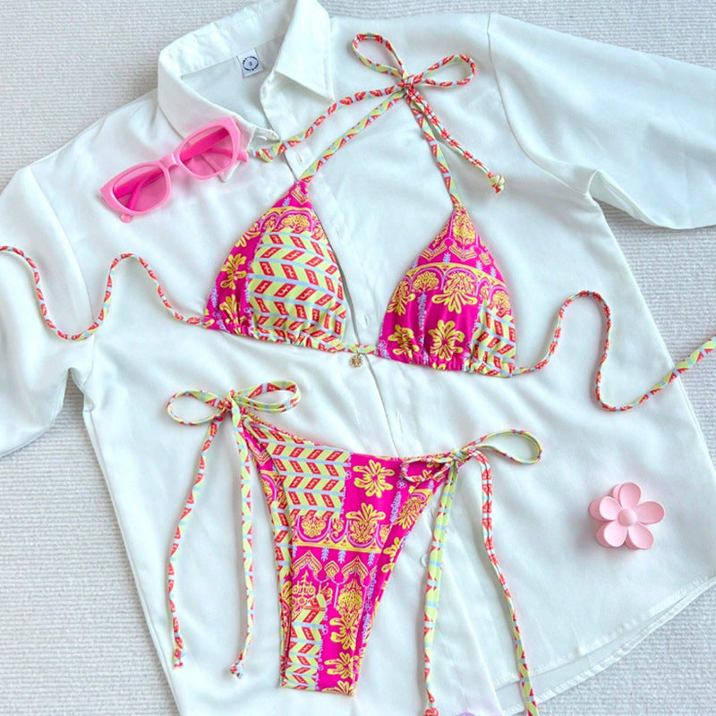 Damen Triangel-Bikini mit modischer Schnürung und buntem Design EB
