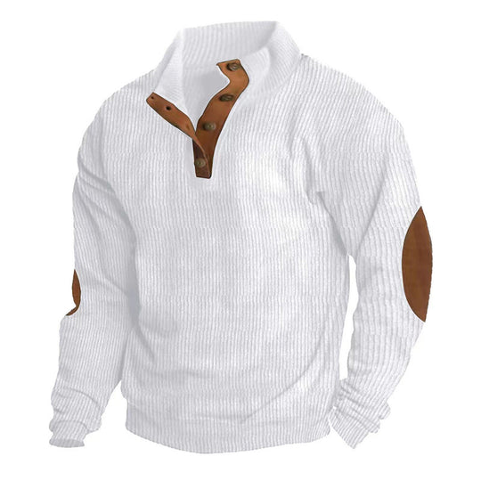 Herren nan rustikaler gerippter Pullover mit Henley-Kragen und lederartigen Ellbogenbesätzen EB