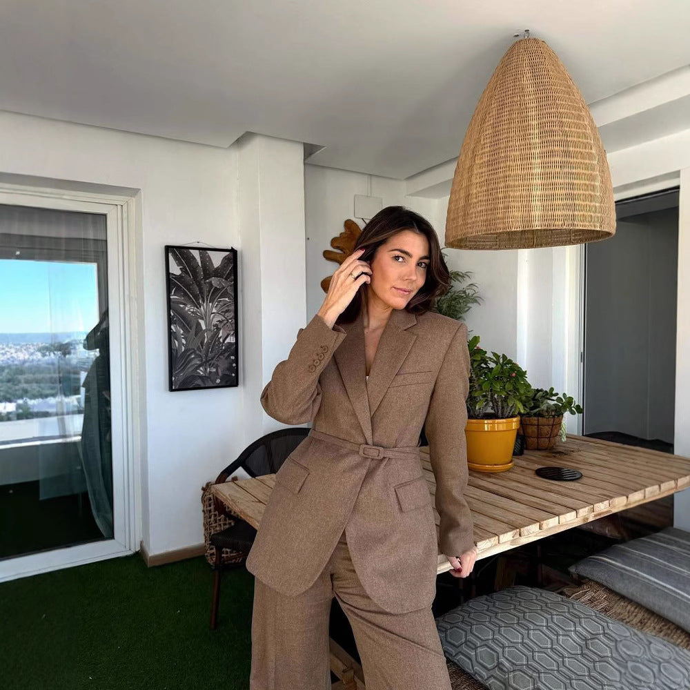 Damen taillierter Blazer mit Gürtel und eleganter Struktur EB