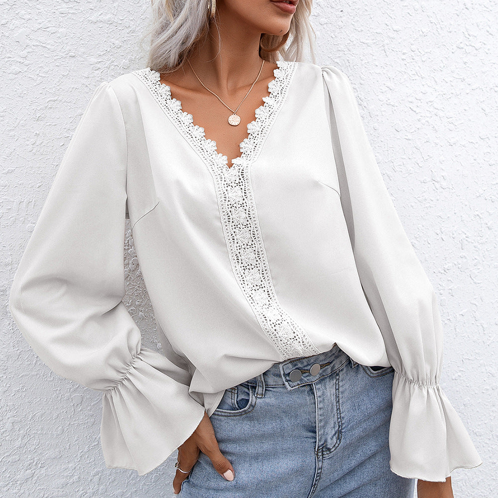 Damen elegante Bluse mit Spitzendetails und Volantärmeln EB