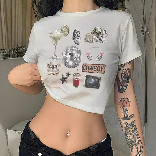 Damen Crop-T-Shirt mit inspirierendem Schriftzug und Sternen-Design EB