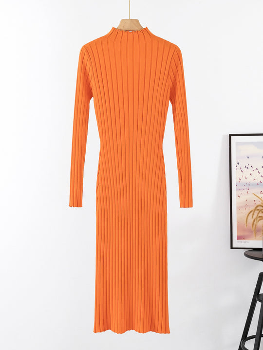 Damen Langarm-Rippstrickkleid mit hochgeschlossenem Kragen und figurbetontem Schnitt EB
