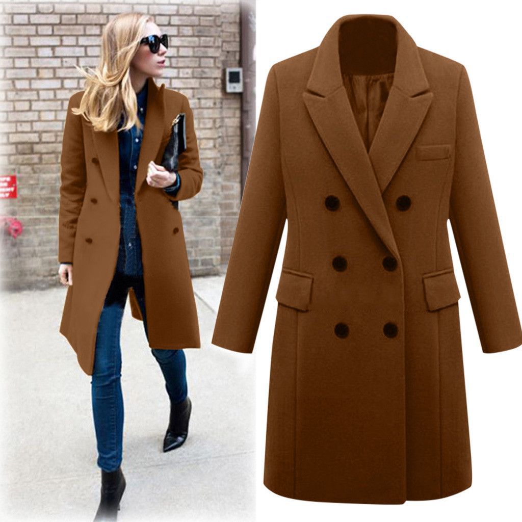 Damen eleganter doppelt-geknöpfter Wollmantel mit Taschen EB