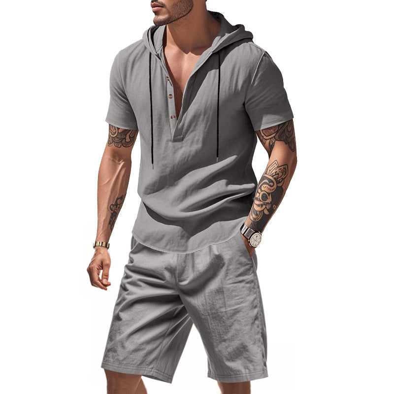 Herren lässiges Kurzarmhemd mit Kapuze und Shorts EB