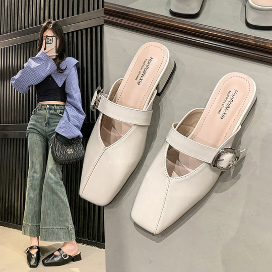Damen elegante Mules mit quadratischer Zehenpartie und modischen Schnallenakzenten EB