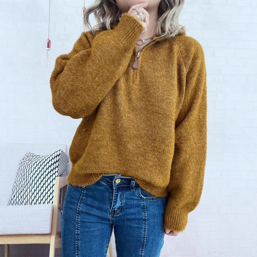Damen kuscheliger Kapuzenpullover mit Zipper und modernem Rippdesign EB