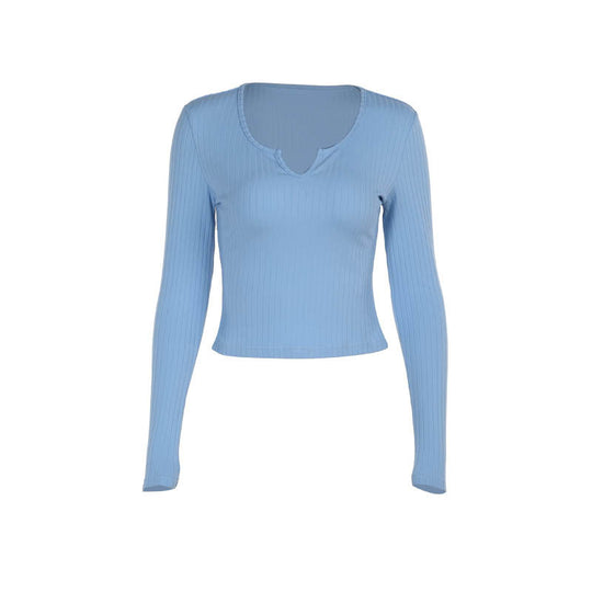 Damen figurbetontes Langarmshirt mit V-Ausschnitt und Rippstruktur EB