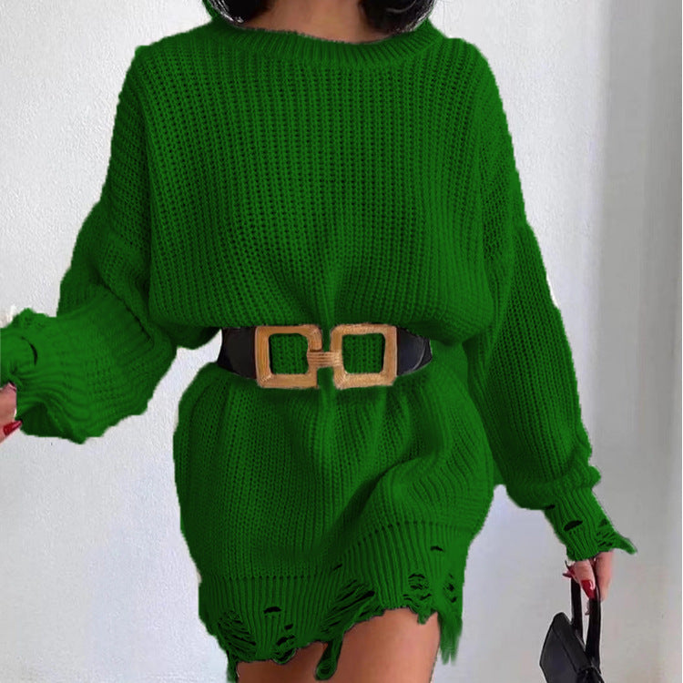 Damen Strickkleid mit asymmetrischem Saum und modischem Gürtel EB