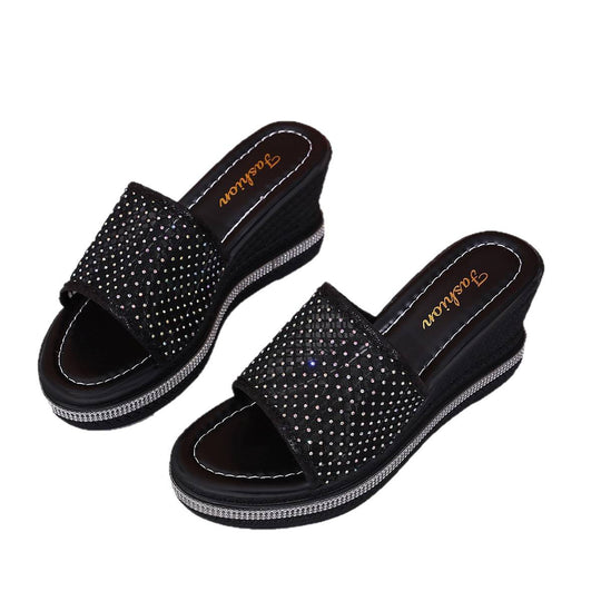 Damen modische Plateau Sandalen mit Netzdesign und Glitzerakzenten EB