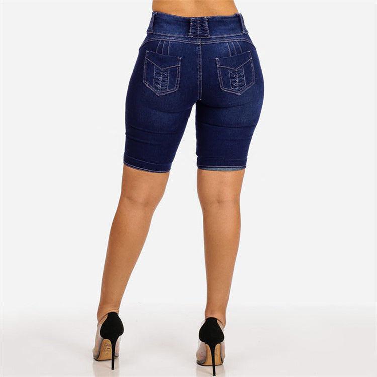Damen Jeansbermuda mit hohem Bund und Knopfdetail EB
