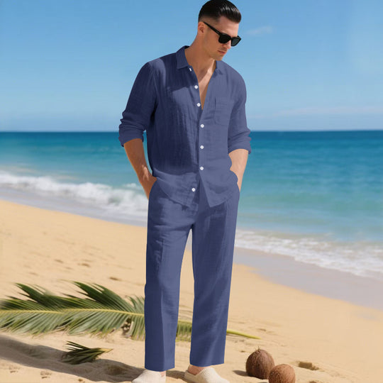 Herren leichtes Leinen-Outfit mit stilvollem Hemd und eleganter Hose EB