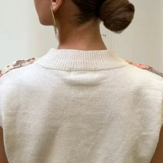 Damen Glamouröses Strickoberteil mit Blumenapplikationen und funkelnden Pailletten EB