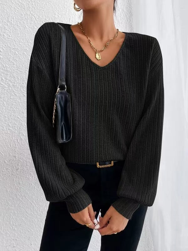 Damen Strukturierter V-Ausschnitt Pullover mit weiten Ärmeln EB