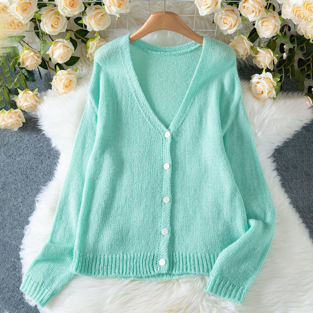 Damen gemütliche Strickjacke mit V-Ausschnitt und lässigen Puffärmeln EB