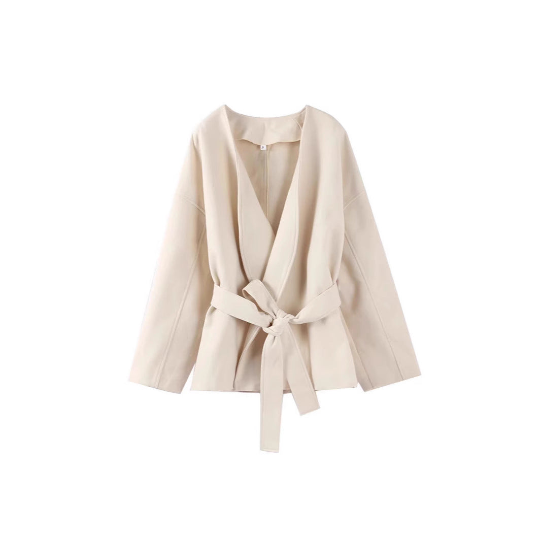 Damen Modejacke mit Taillengürtel und weitem Schnitt EB