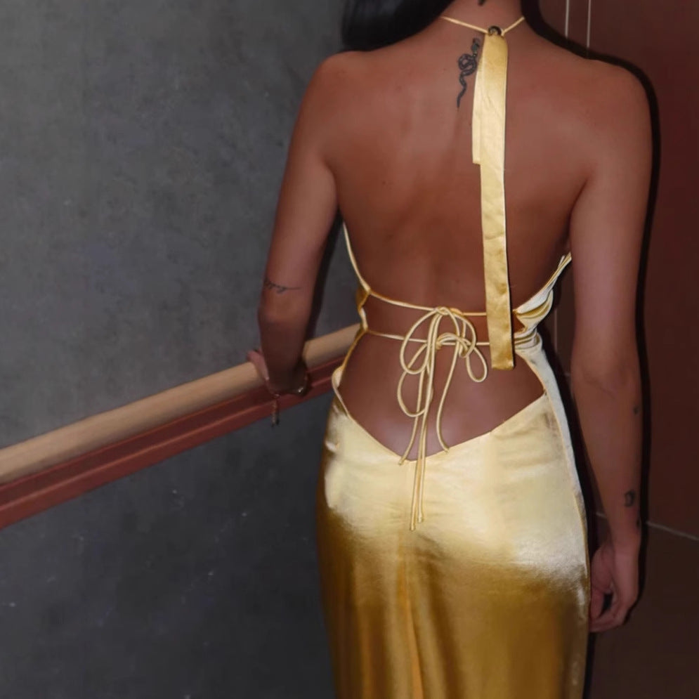 Damen V-ausschnitt Maxikleid mit schmalen Trägern und seitlichem Schlitz EB