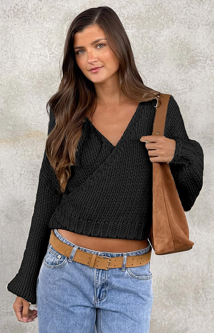 Damen kuscheliger Strickpullover mit modernem Wickeldesign EB