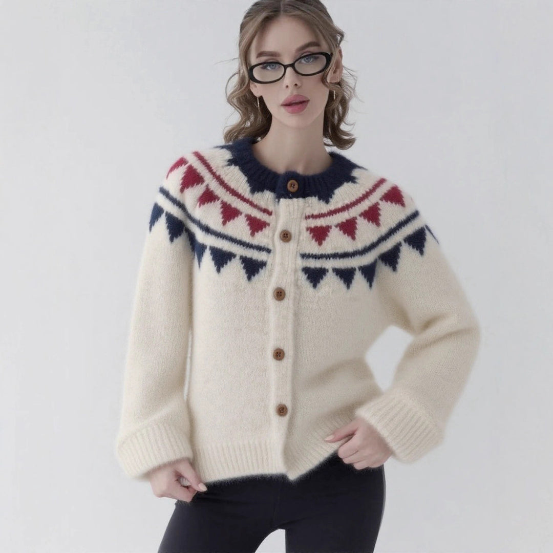 Damen kuscheliger Strickcardigan mit grafischem Norweger-Muster und Holzknopfdetails EB