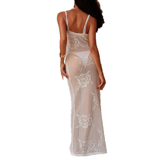 Damen Häkel-Maxi-Kleid mit transparentem Design und floralem Muster EB
