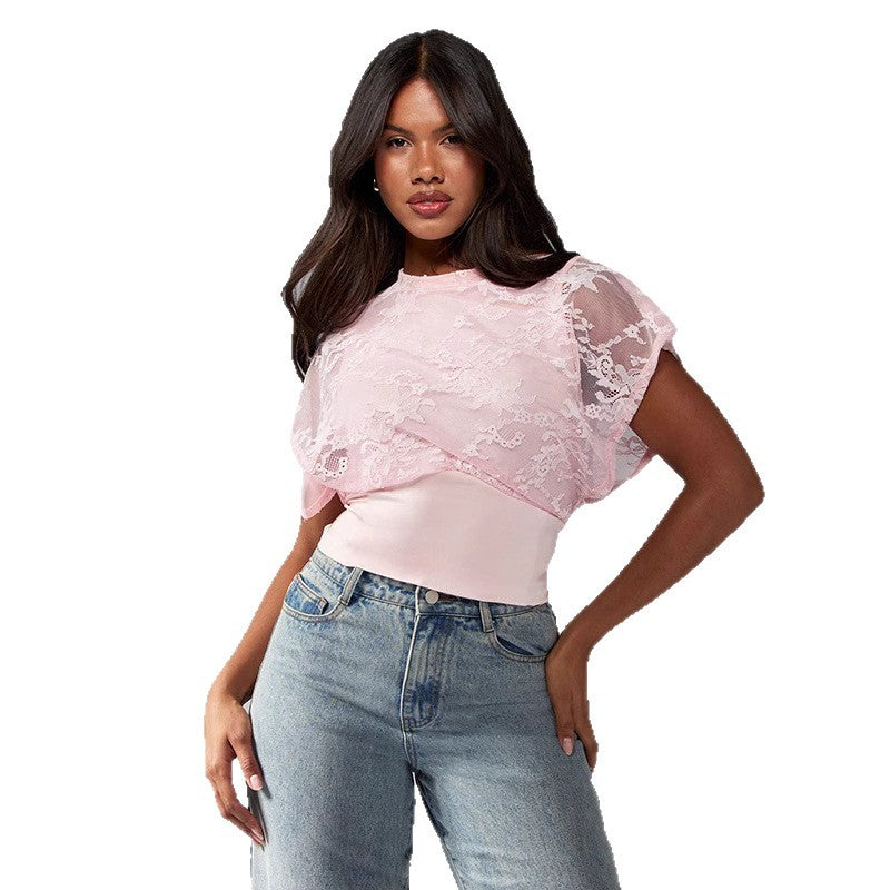 Damen Elegant strukturiertes Oberteil mit Spitzendetails EB