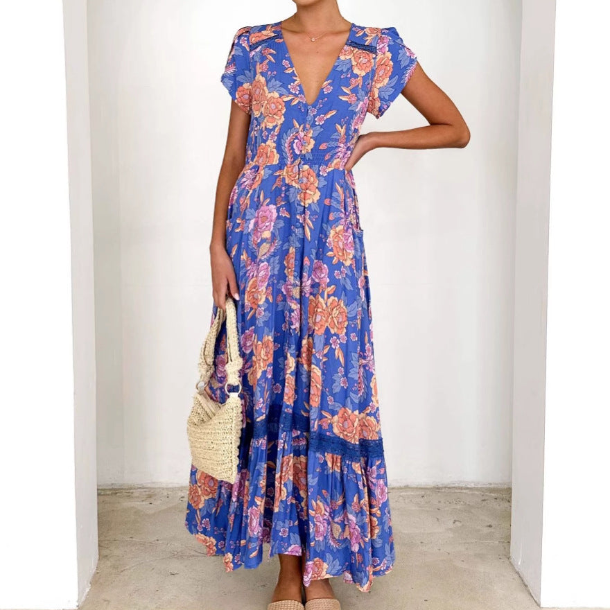 Damen Maxikleid mit elegantem V-Ausschnitt und femininen Rüschendetails EB