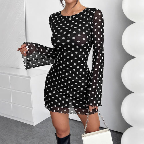 Damen Polka-Dots Minikleid mit langen Ärmeln EB