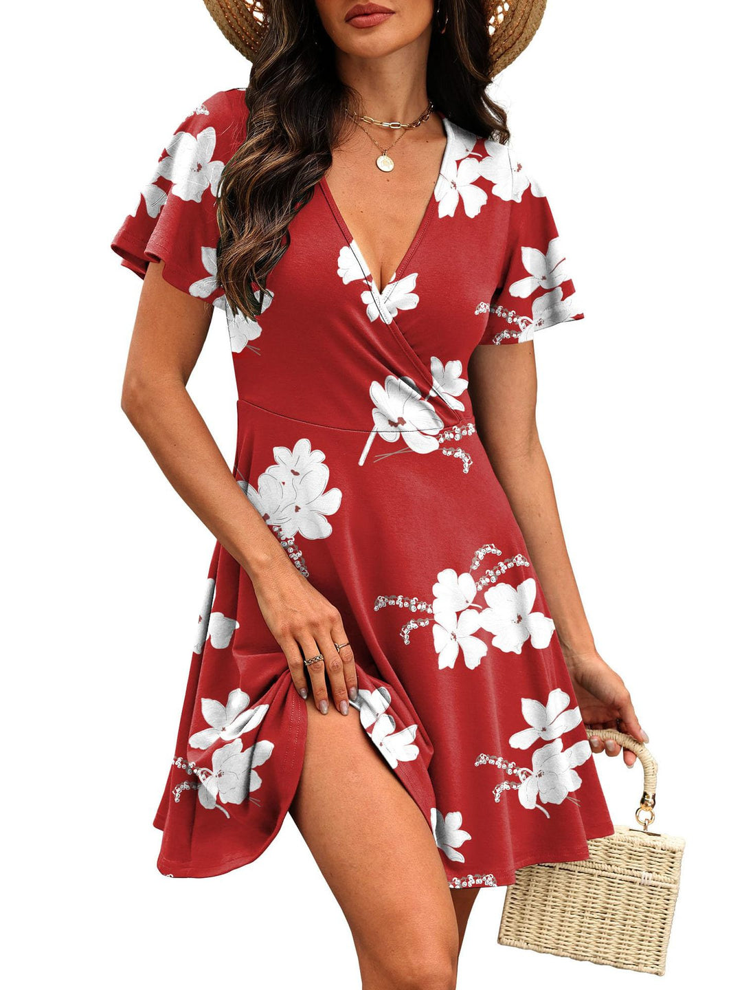 Damen Kurzärmeliges Wickelkleid mit floralen Mustern und V-Ausschnitt EB