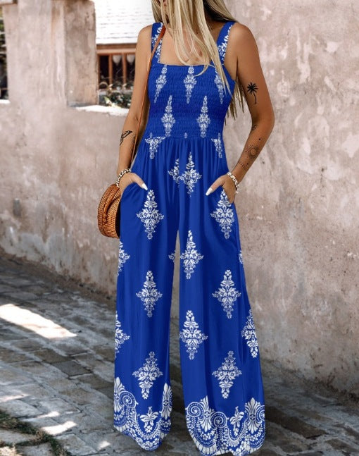 Damen Jumpsuit mit elastischem Taillenbund und floralen Verzierungen EB