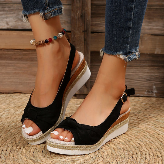 Damen Wedge-Sandaletten mit eleganter Schleifenapplikation und rutschfester Sohle EB
