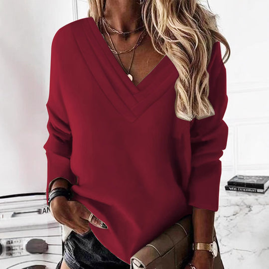 Damen Lässiges V-Ausschnitt Pullover mit eleganten Falten EB