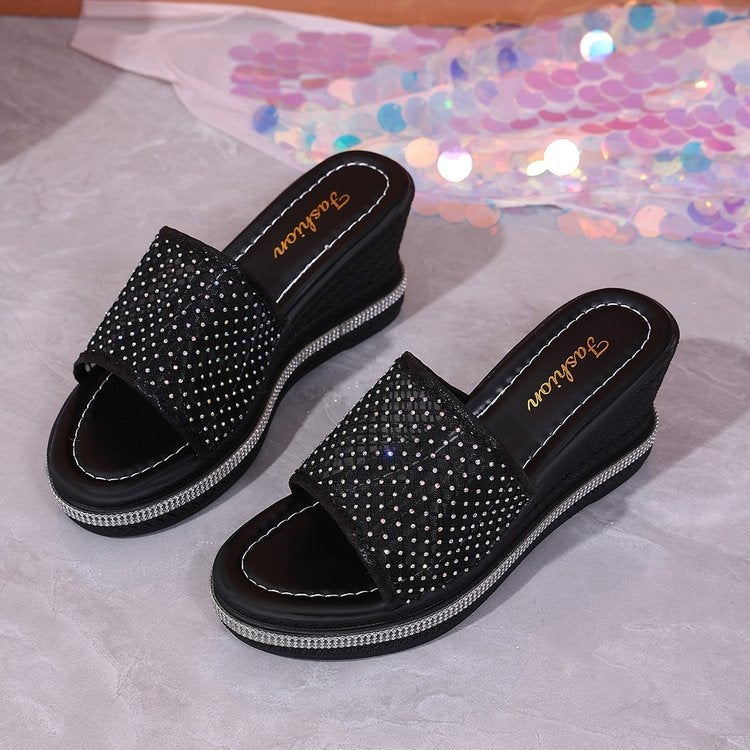 Damen glamouröse Wedge-Pantoletten mit funkelnden Strass-Applikationen EB