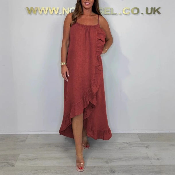 Damen Langarm Maxikleid mit asymmetrischem Saum und Rüsche EB