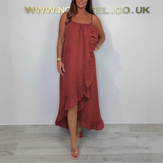 Damen Langarm Maxikleid mit asymmetrischem Saum und Rüsche EB