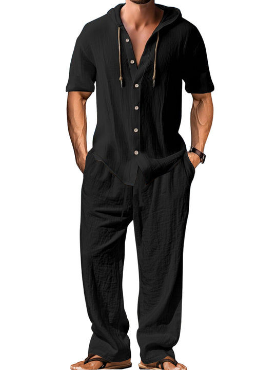 Herren nan luftiges Leinen-Lounge-Set mit kurzärmeligem Kapuzenhemd und gerader Relaxhose EB