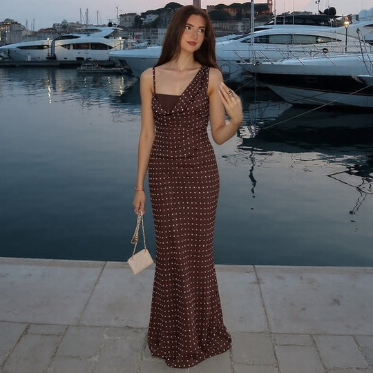 Damen Maxikleid mit asymmetrischem Ausschnitt und eingewebtem Punktedesign EB