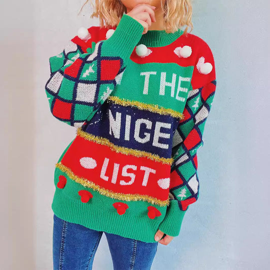 Damen festlicher Pullover mit bunten Applikationen und verspieltem Design EB