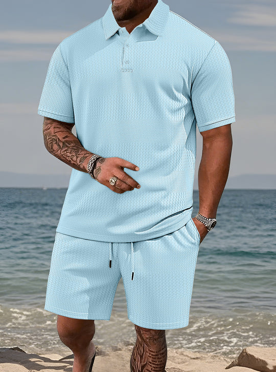 Herren nan geprägtes Strand-Ensemble mit offenem Kurzarm-Hemd und Kordel-Bermuda EB