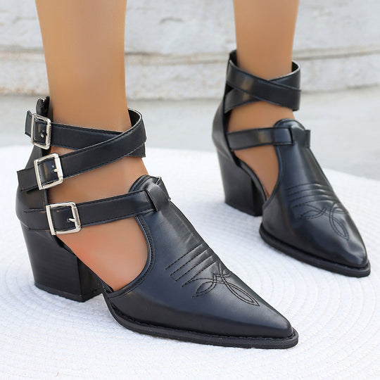 Damen High Heel Stiefeletten mit einzigartigen Riemen und verziertem Absatz EB