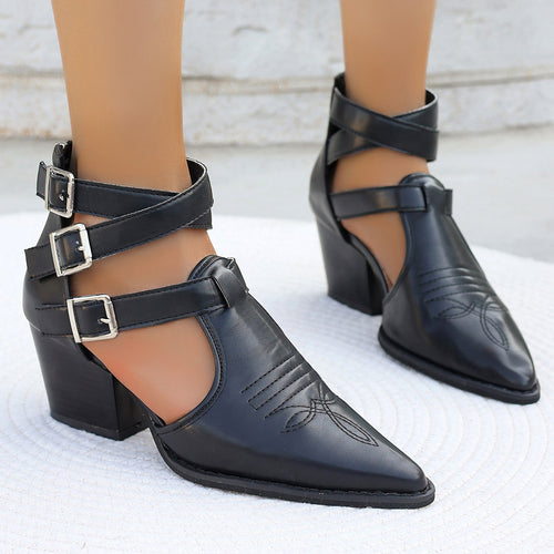 Damen High Heel Stiefeletten mit einzigartigen Riemen und verziertem Absatz EB