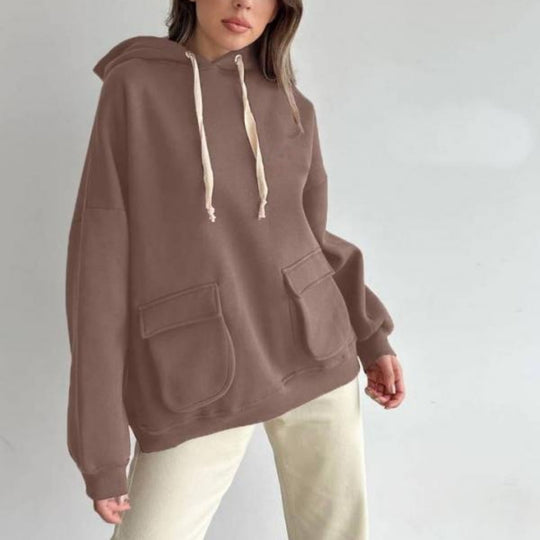 Damen nan Oversize-Kapuzenpullover mit aufgesetzten Klappentaschen und extra-langen Kordeln EB