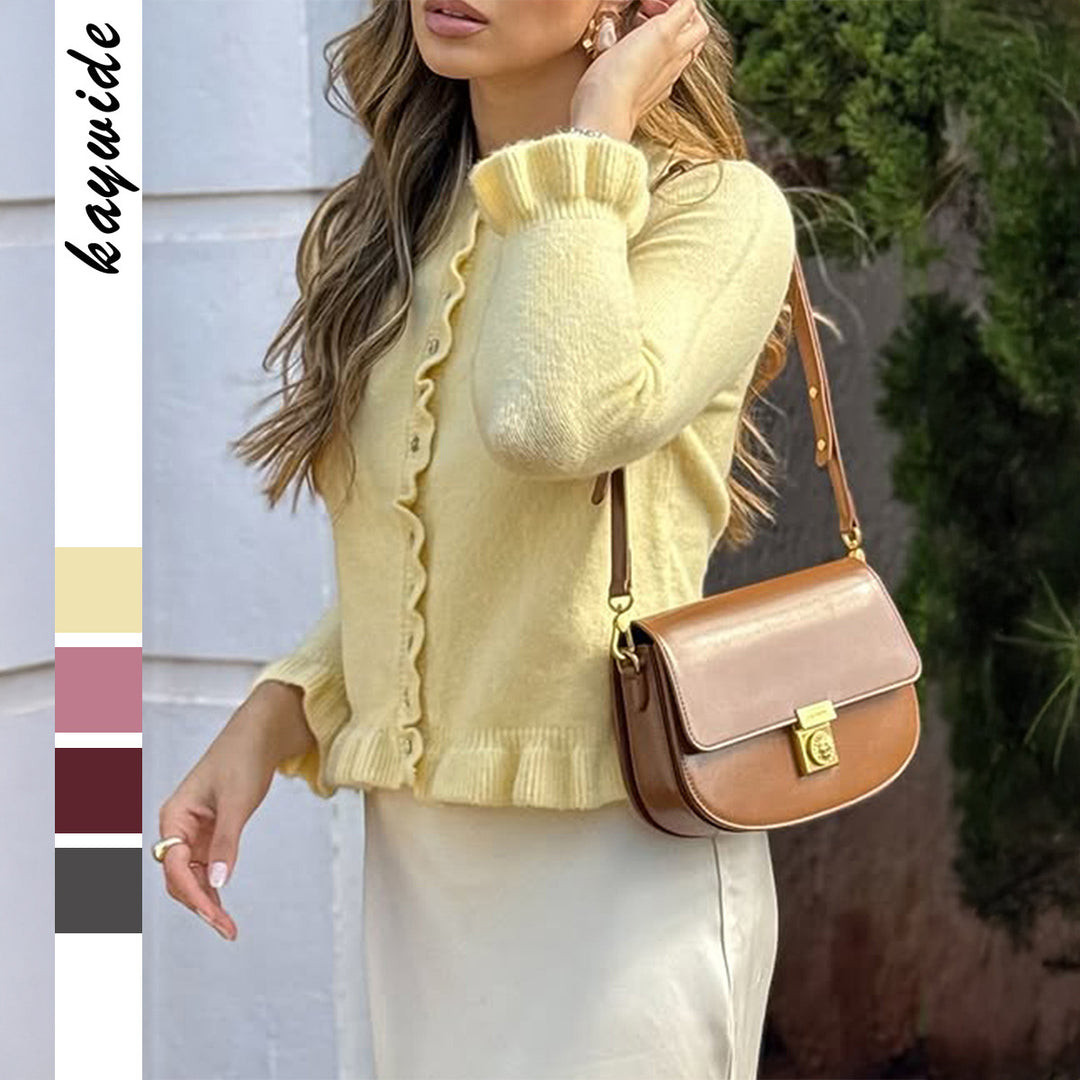 Damen nan kurz geschnittener Strickcardigan mit Volantknopfleiste und gerafften Bündchen EB