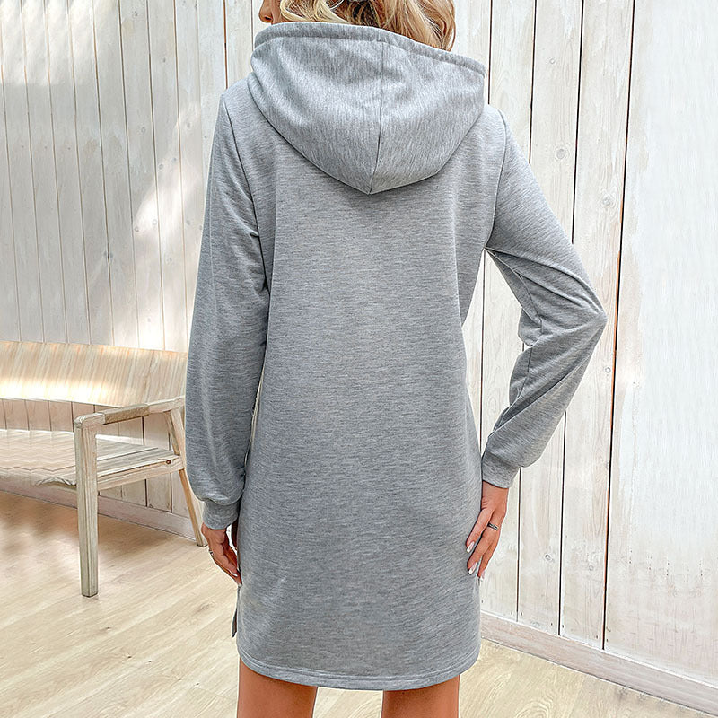 Damen lässiges Kapuzenkleid mit Kängurutasche und Kontrastdetails EB