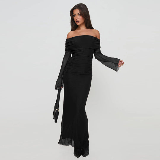 Damen figurbetontes Maxikleid mit schulterfreiem Design und Rüschendetails EB
