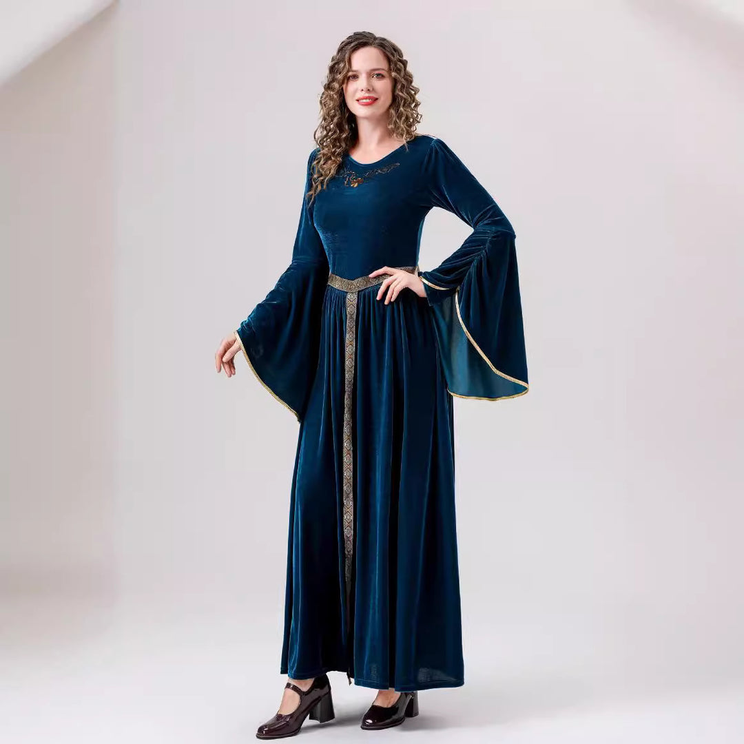 Damen elegantes Samtkleid mit Weitem Ärmel und Ziergürtel EB