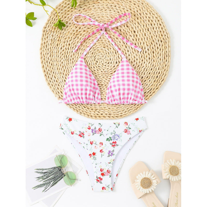 Damen Triangel-Bikini mit floralem Oberteil und Karomuster EB