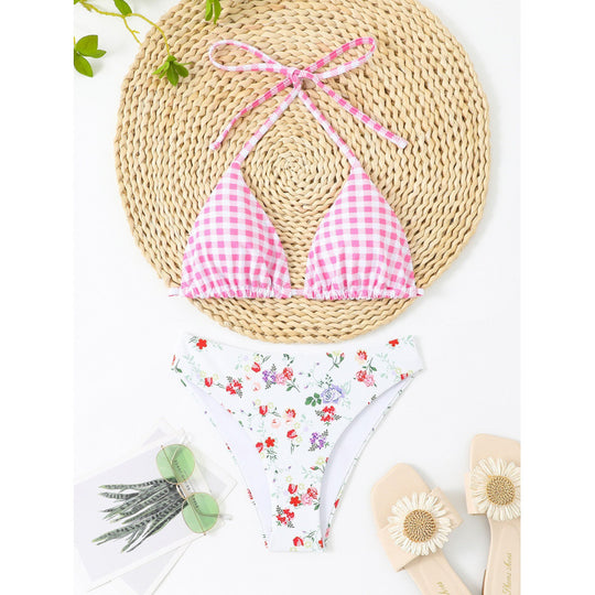 Damen Triangel-Bikini mit floralem Oberteil und Karomuster EB
