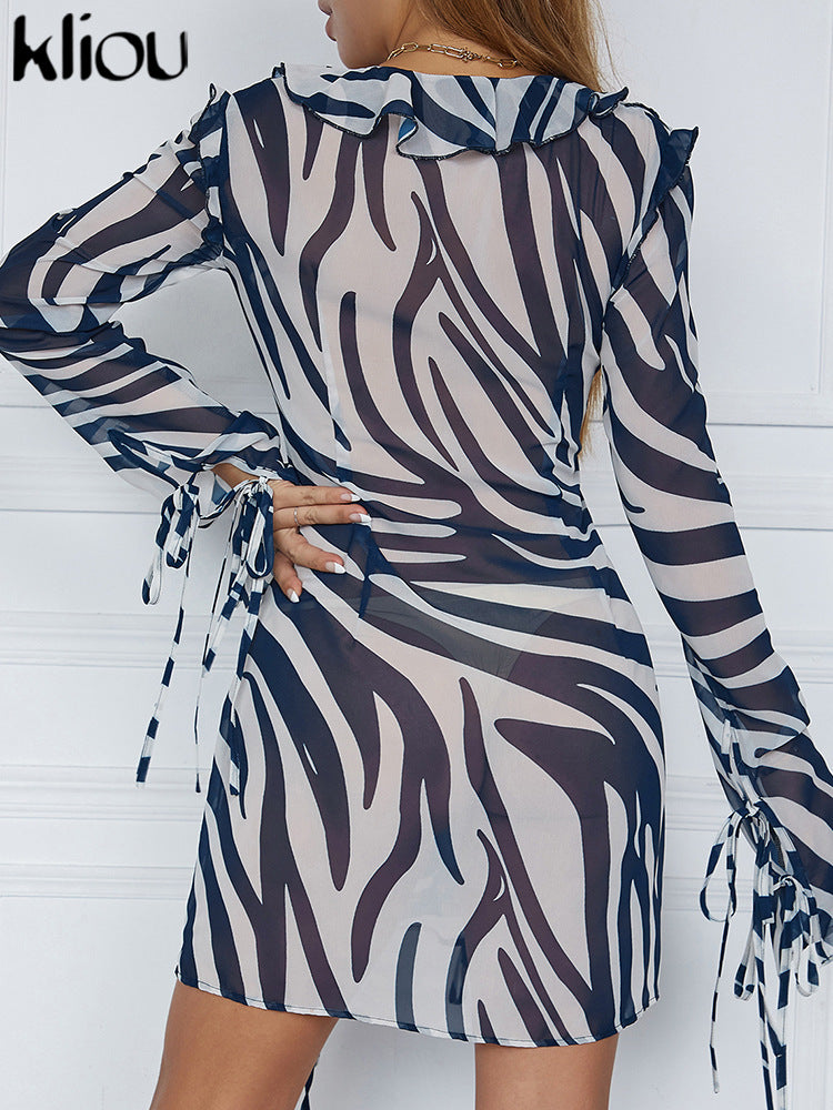 Damen transparentes Strandkleid mit Rüschendetails und bindbaren Ärmeln EB