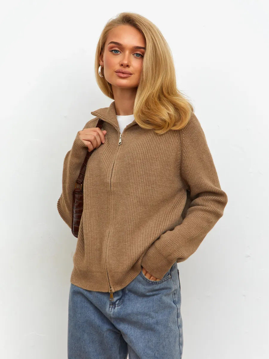 Damen Pullover mit hochschließendem Reißverschluss und strukturiertem Maschenmuster EB